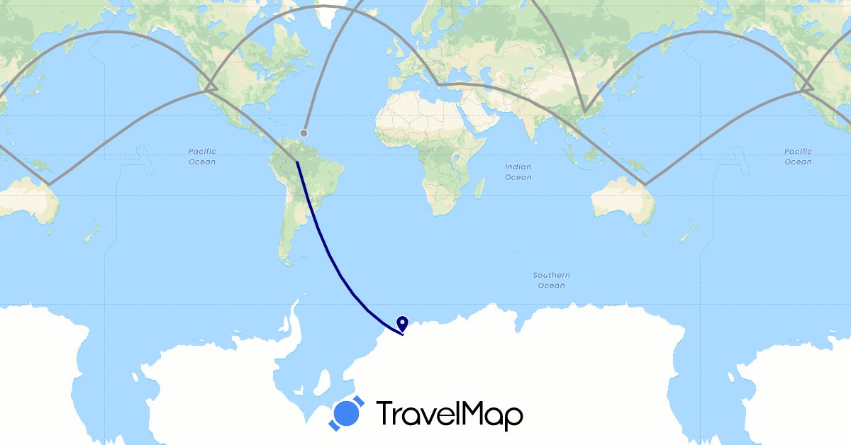 TravelMap itinerary: driving, plane in Australia, Barbados, Brazil, China, Greece, United States (Asia, Europe, North America, Oceania, South America)